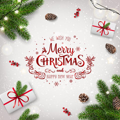 Wall Mural - red christmas and new year typographical on white background with fir branches, gift boxes, pine con