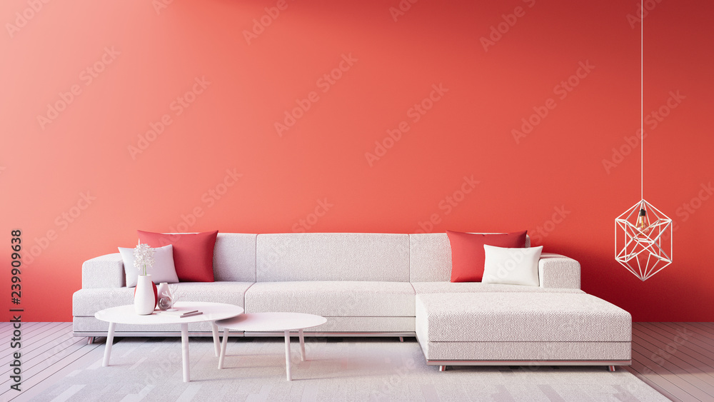 Living Coral Interior / Color of The Year for festive and valentine / 3D render interior - obrazy, fototapety, plakaty 