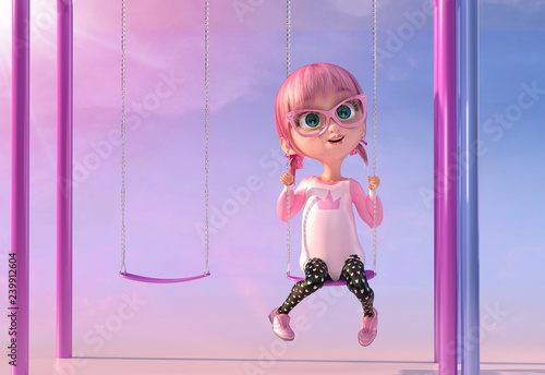 Illustration Of A Cute Cartoon Smiling Girl Swinging On Swing On