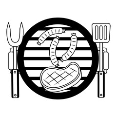 Sticker - barbecue grill meat sausages and fork spatula