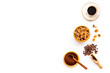 coffee bean and cup of americano on white table background top view mockup