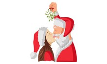 Vector Cartoon Illustration Of Santa Claus Kissing A Woman. Isolated On White Background.