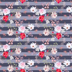Wall Mural - Seamless striped pattern with cute garden flowers and bird cherry berries. Fashionable print for fabric.