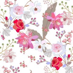 Wall Mural - Cute seamless natural background with 3D effect. Bouquets of garden flowers, bird cherry branchs and epiphyllum on white background.