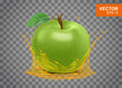 Realistic green apple with splash of apple juice vector illustration.