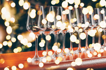 Wine glasses in a row. Buffet table celebration of wine tasting. Nightlife, celebration and entertainment concept