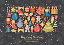 Christmas Background With 3d Paper Cut Signs. Cute Kids Toys And Accessories. Snowfall At The Back. New Year Greeting Card Or Banner Concept