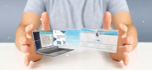 Businessman holding a Website application going out a laptop screen 3d rendering