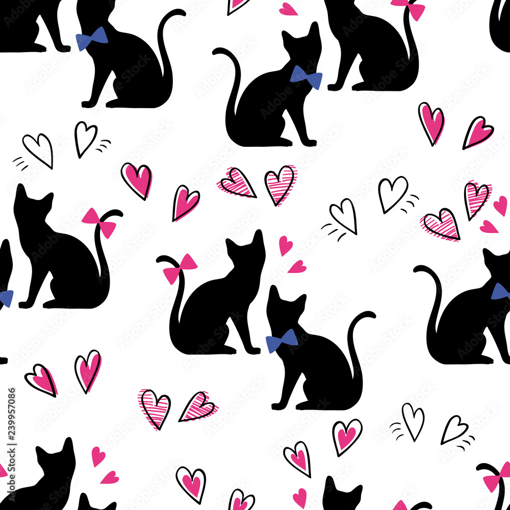 Seamless pattern black cats with hearts on a white background ...