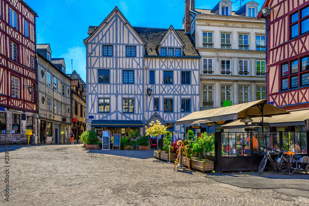 Cozy street with timber framing houses in Rouen, Normandy, France - obrazy, fototapety, plakaty 