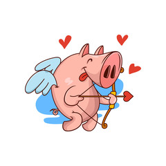 Poster - Pig cupid with bow and arrow, red hearts flying in the air. Funny farm animal with small wings. Cartoon vector icon