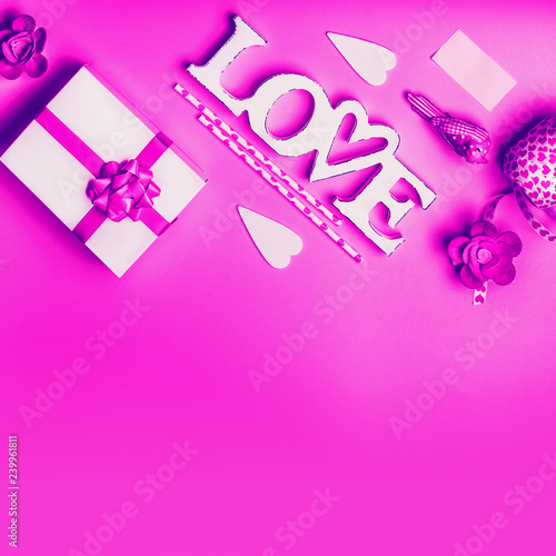 Creative Love Background Concept In Pink Purple Neon Color Word