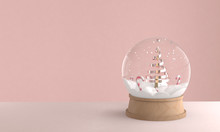 Christmas Tree In Snowball Decoration On Pink Background, Glass Ball Winter Seasonal  Decoration, 3d Render Illustration