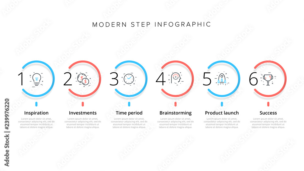 Business process chart infographics with 6 step circles. Circular ...