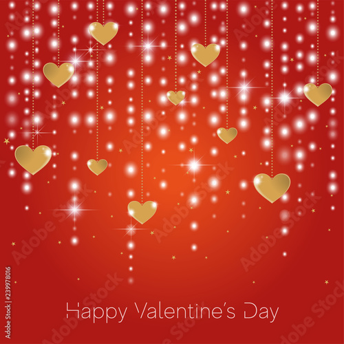 Happy Valentine's Day. Congratulatory card. Glowing garlands, golden hearts a...