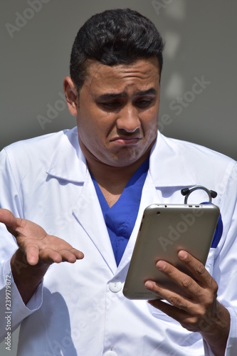 Fotografie, Obraz Male Medical Professional And Confusion Wearing Lab Coat
