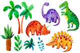 Fototapeta Pokój dzieciecy - Set of cartoon watercolor dinosaurs. Hand drawn illustration. Great for children's textiles and printing.