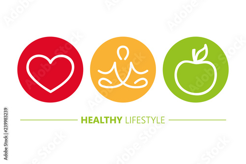 Fotomural healthy lifestyle icons heart yoga and apple vector illustration EPS10