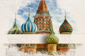 Fototapete - Stylized by watercolor sketch painting of St Basil's Cathedral on the Red Square in Moscow, Russia on a textured paper. Retro style postcard. Paper strip insert under one of the domes with copy space.