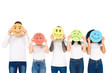© LIGHTFIELD STUDIOS - young multicultural friends holding colored cards with emotions isolated on white