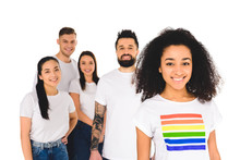 Multiethnic Group Of Young People Standing Behind African American Woman With Lgbt Sign On T-shirt  Isolated On White