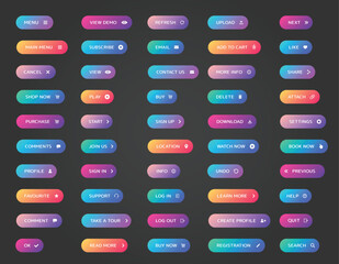 web buttons collection. ui, web buttons. vector buttons on trendy gradients with icons for web and u