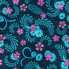 Wall Mural - Floral seamless pattern. Colorful flowers on the dark backdrop. The effect of embroidery on denim