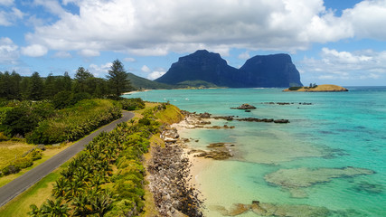 Aerial view of Lord Howe Island (World Heritage-listed paradise), turquoise blue lagoon and Mount Gower on background - New South Wales - Tasman Sea - Australia from above