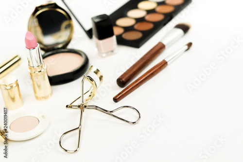 Makeup Products And Accessories On White Background Female