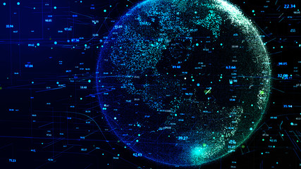 3D illustration of blue planet Earth in global futuristic cyber-network, connection lines around the globe. Neural artificial grid shows data flow and cryptocurrency exchange in business concept. 4K