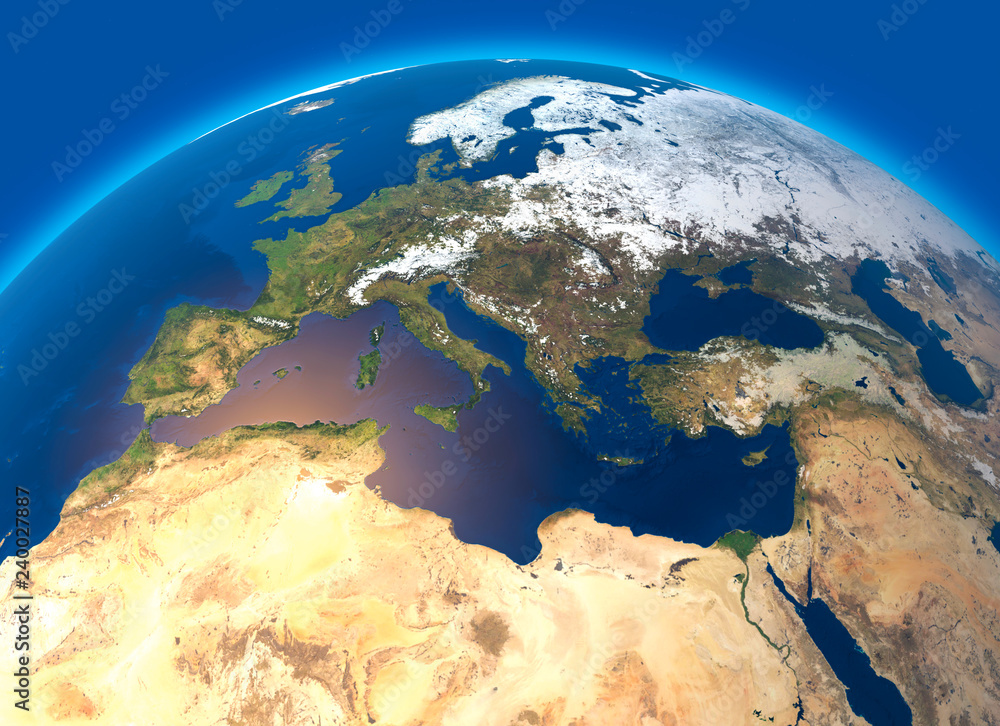 Cartina fisica del mondo, vista satellitare dell’Europa e Africa del Nord. Globo. Emisfero. Rilievi e oceani. 3d rendering - obrazy, fototapety, plakaty 