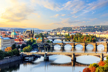 Bridges Of Prague At Sunrise, View From Prague Metronome