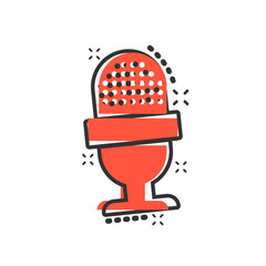 Microphone icon in comic style. Mic broadcast vector cartoon illustration pictogram. Microphone mike speech business concept splash effect.