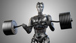 Futuristic robot man working out with barbell. Very strong cyborg lifting heavy weights or training his muscles. Isolated on grey background. 3d Illustration.