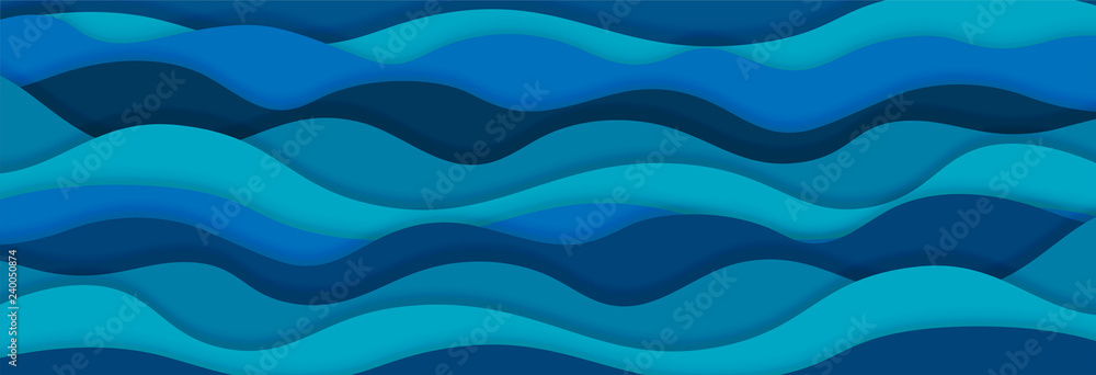 Layered paper art waves background. Sea water concept. 3D origami style design. Vector illustration - obrazy, fototapety, plakaty 