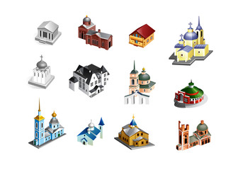 set of vector old country churches. Building icon in isometric