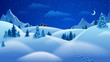 © Mosaic - Vector illustration with beautiful night landscape in modern flat style. Template for design of banners, posters and much more. Hill houses with winter weather and blue mountains at night