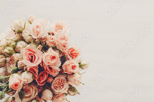 Download Pink Small Roses Bouquet On White Background Isolated Top View With Space For Text Floral Greeting Card Mockup Wedding Invitation Happy Mother Or Valentine Day Vintage Tone Stock Photo Adobe Stock