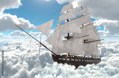 Sailboat flying above the clouds 3d illustration