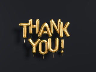 Thank You text gold foil balloons on black background, 3d rendering