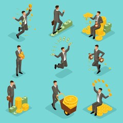 Wall Mural - trendy isometric people, 3d businessman, concept with young businessman, money, success, gold, wealt
