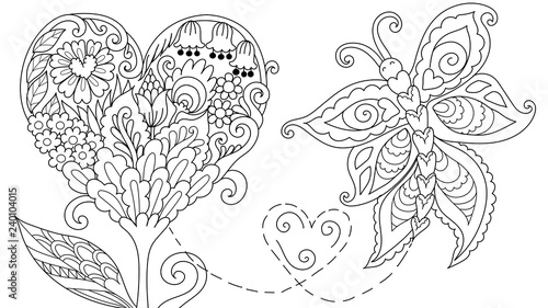 Abstract Hearted Shape Floral Tree And Leaf With Flying Butterfly