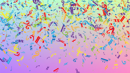 Disco Background. Many Random Falling Notes, Bass and, G Clef. Colorful Musical Notes Symbol Falling on Hologram Background. Disco Vector Template with Musical Symbols.