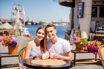 Wall Mural - Portrait of two nice sweet attractive cheerful cheery positive p