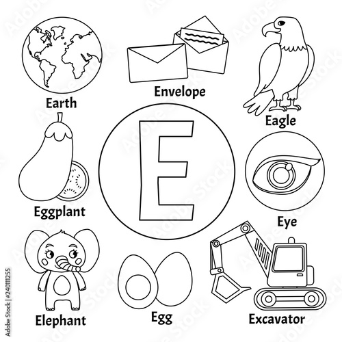 Download Vector Cute Kids Animal Alphabet Letter E Set Of Cute Cartoon Illustrations Coloring Page Stock Vector Adobe Stock