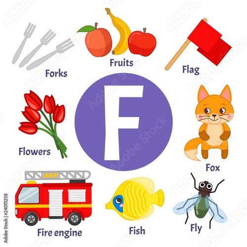 Vector cute kids animal alphabet. Letter F. Set of cute cartoon ...
