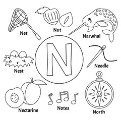 Vector cute kids animal alphabet. Letter N. Set of cute cartoon illustrations. Coloring page.