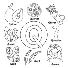Vector Cute Kids Animal Alphabet. Letter Q. Set Of Cute Cartoon Illustrations. Coloring Page.
