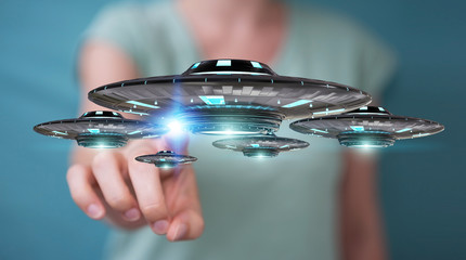 Poster - Businesswoman with retro UFO spaceship 3D rendering