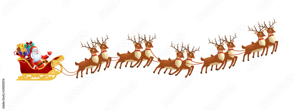 Santa claus in sleigh with reindeers on on white background. Merry ...